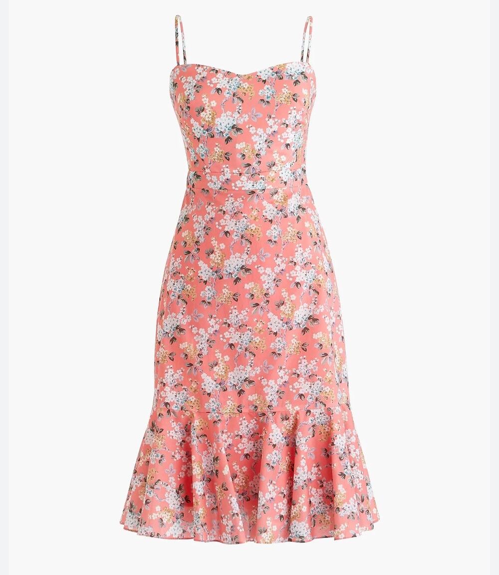J Crew 10 Midi Dress Pink Cotton Floral Ruffle Hem Liberty Josephine Sleeveless